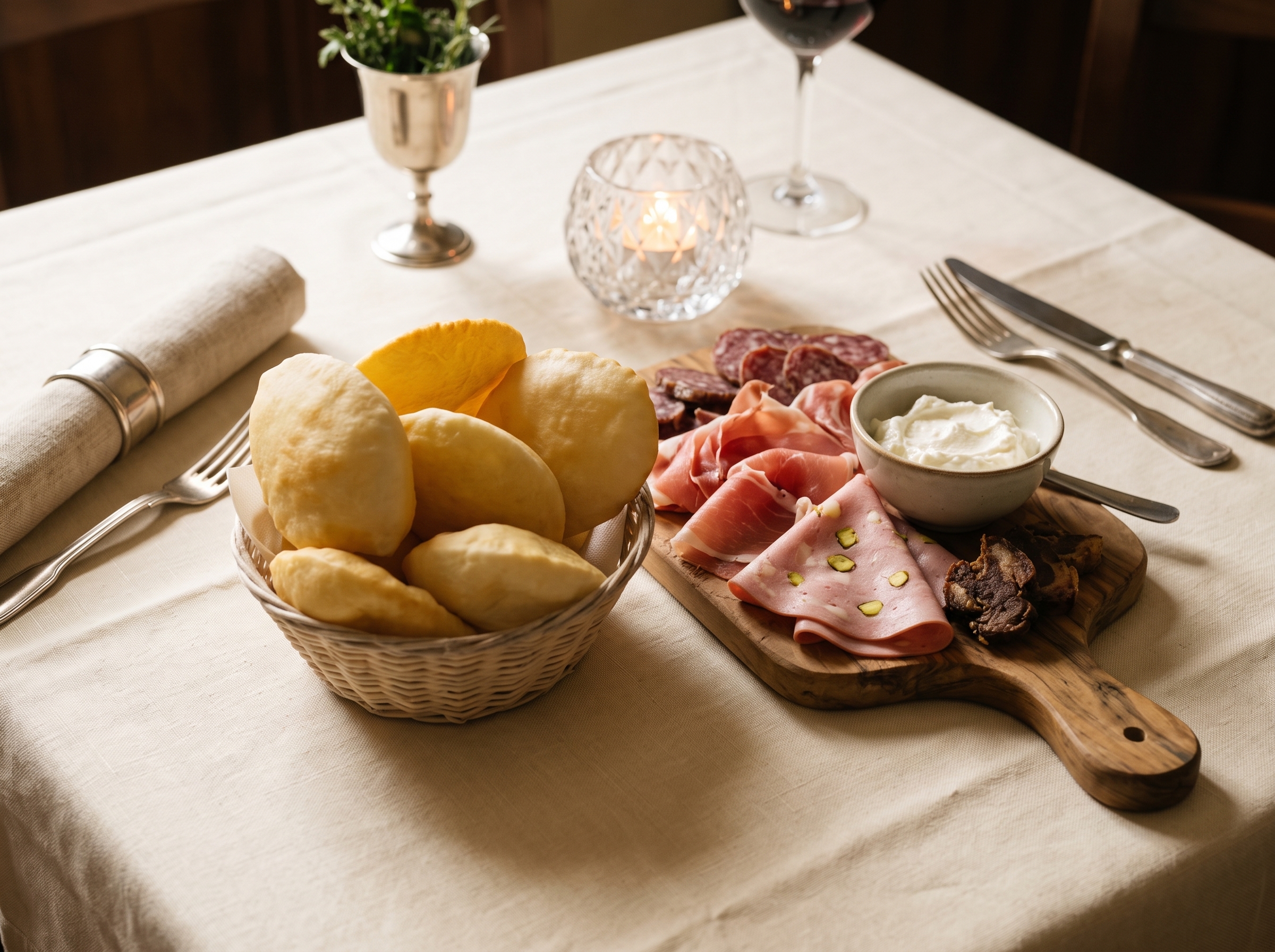 Cestino di crescentine con tagliere di salumi e squacquerone