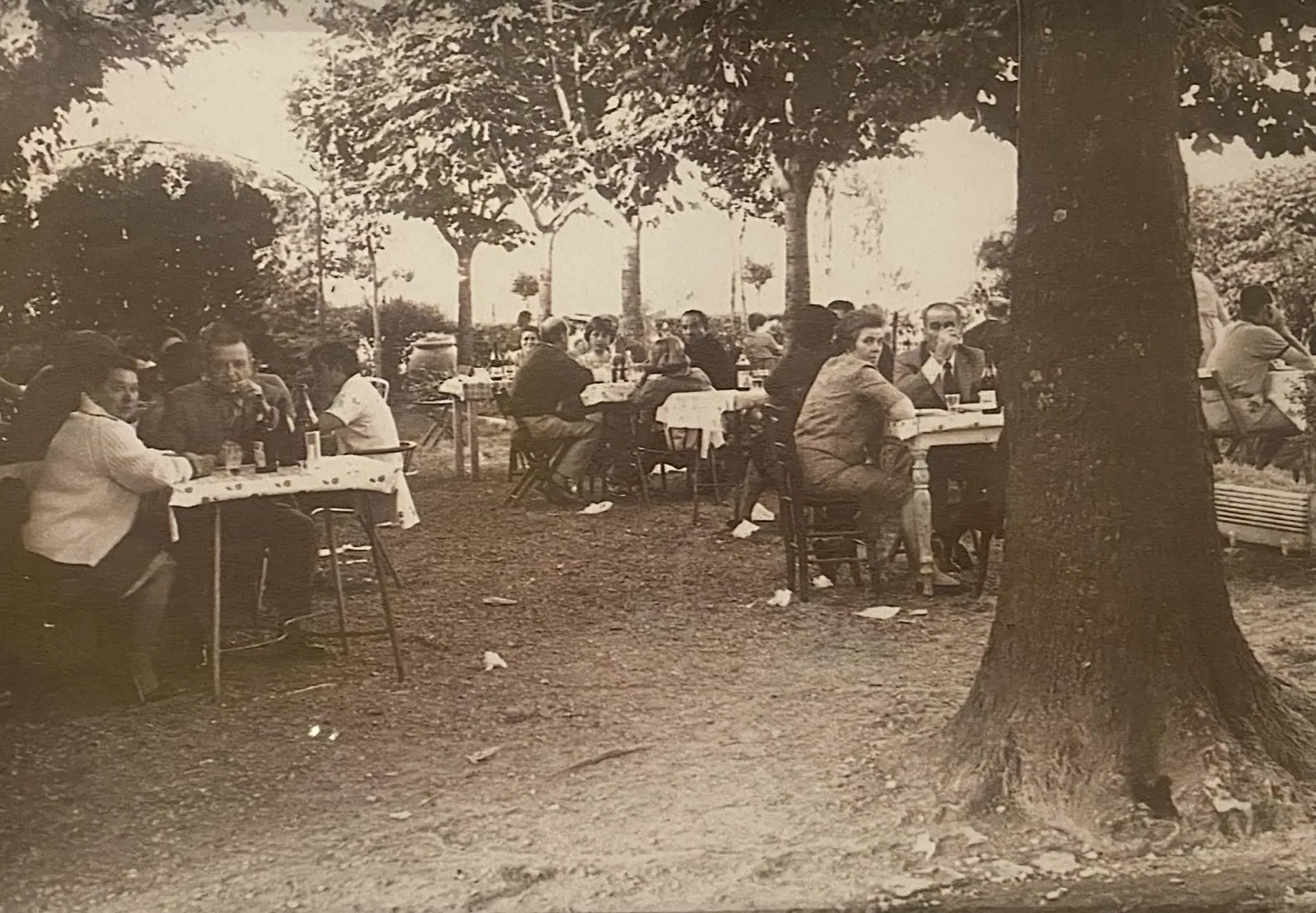 Tavoli apparecchiati sotto gli alberi della Mura, foto d’epoca del servizio all’aperto