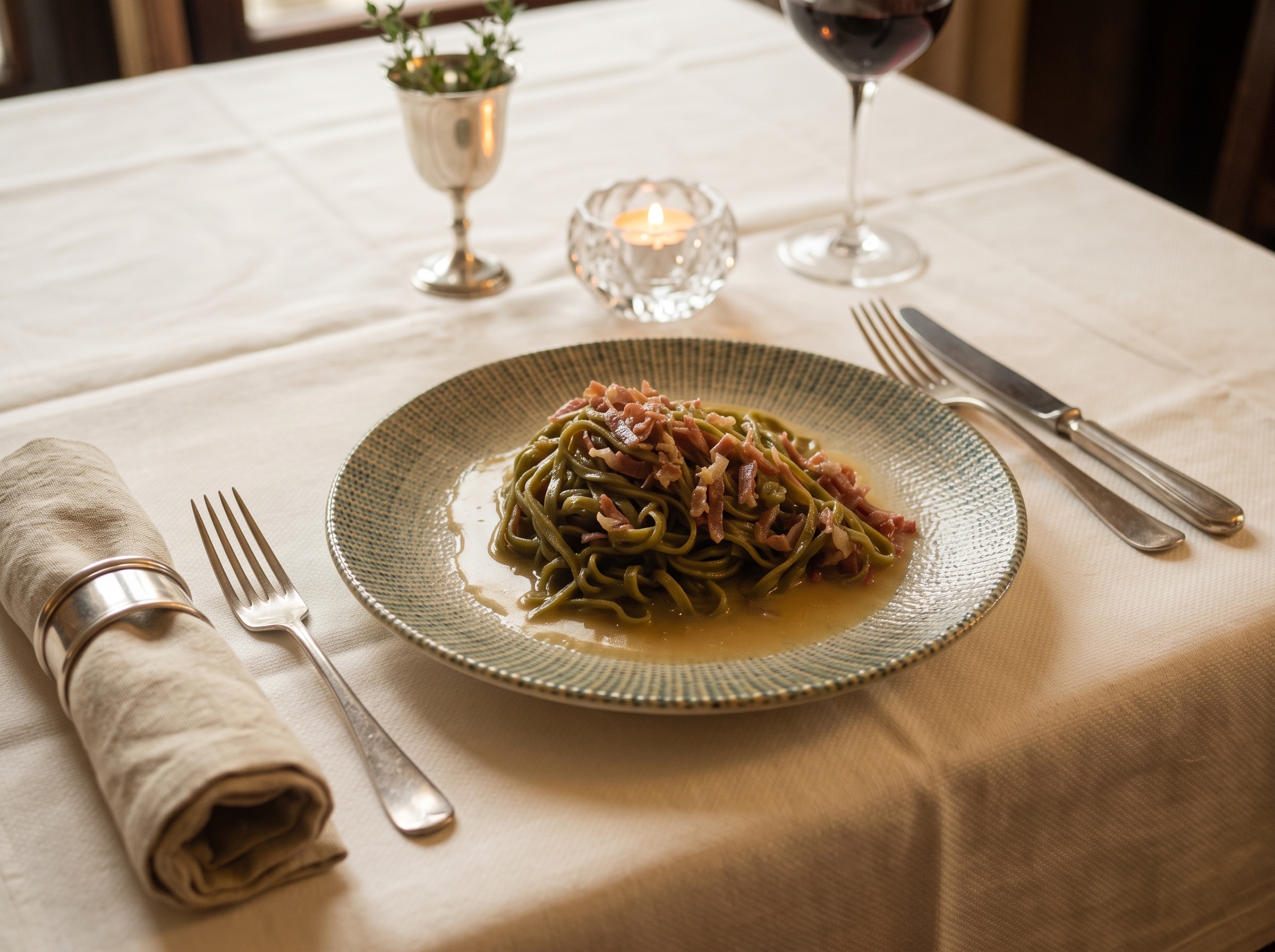 Tagliatelle verdi al prosciutto servite al tavolo della trattoria