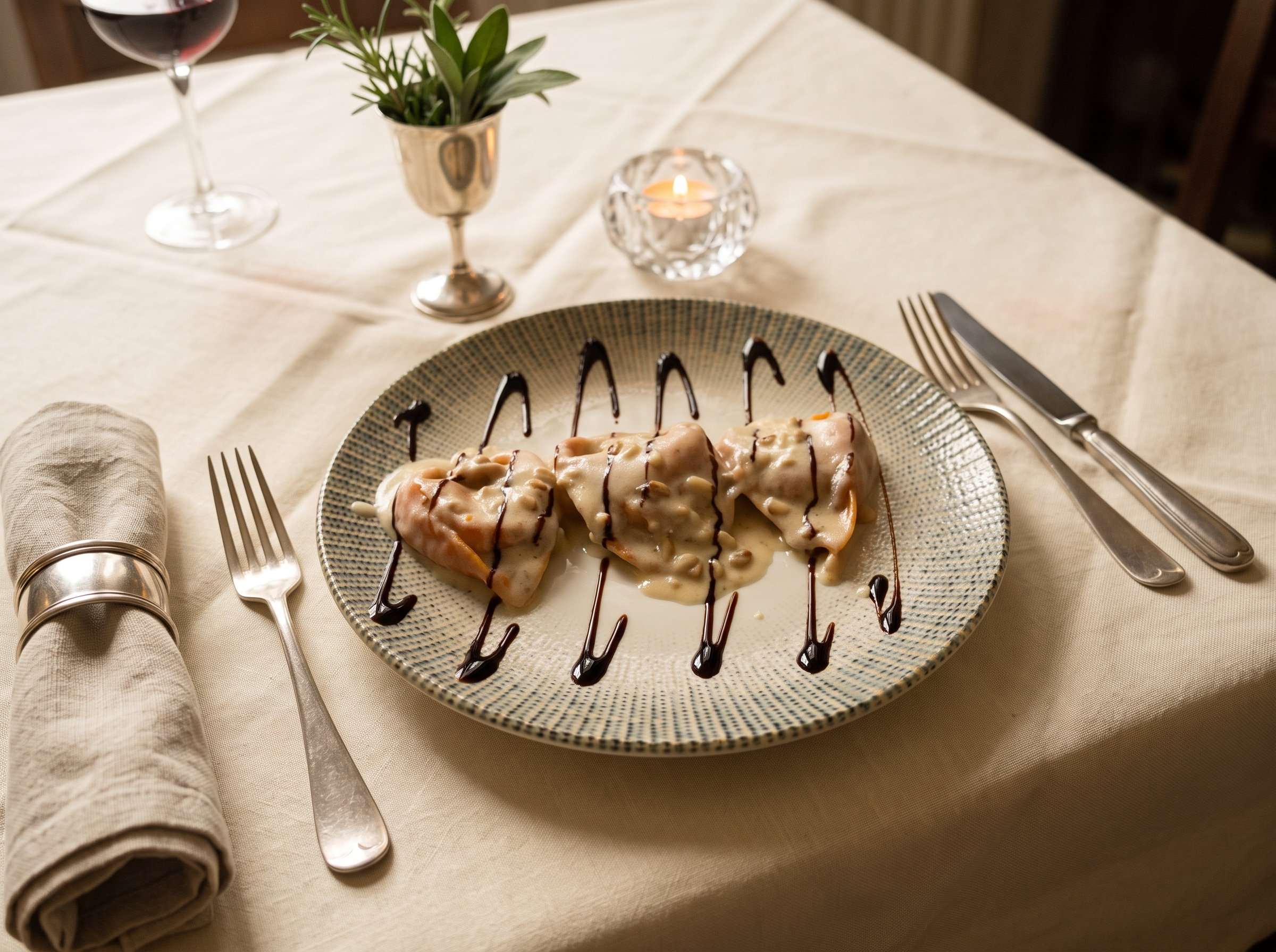 Tortellacci rossi ripieni con crema di aceto balsamico